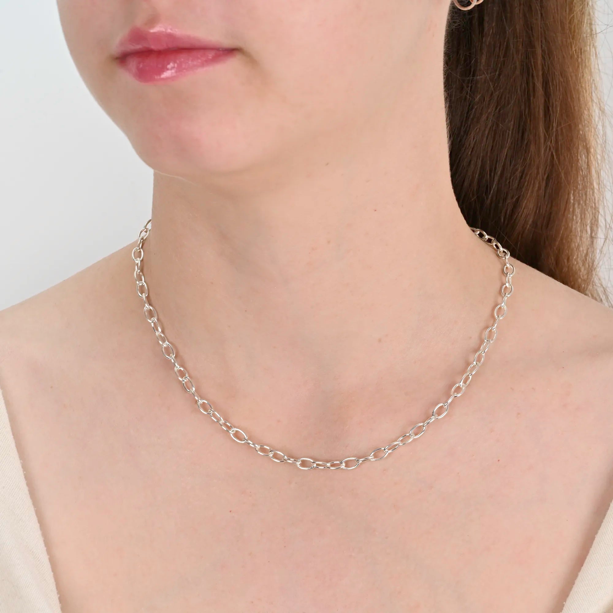 Close-up detail of Long Link Cable Silver Chain