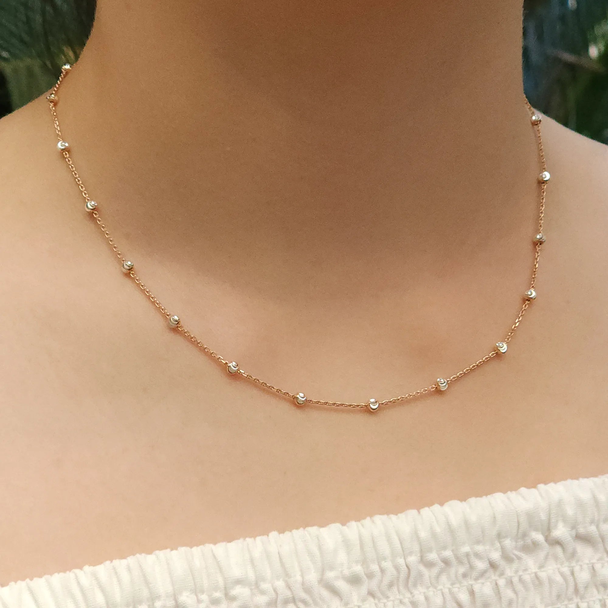 Close-up detail of Rose Gold & Rhodium Plated Silver Chain with Beads