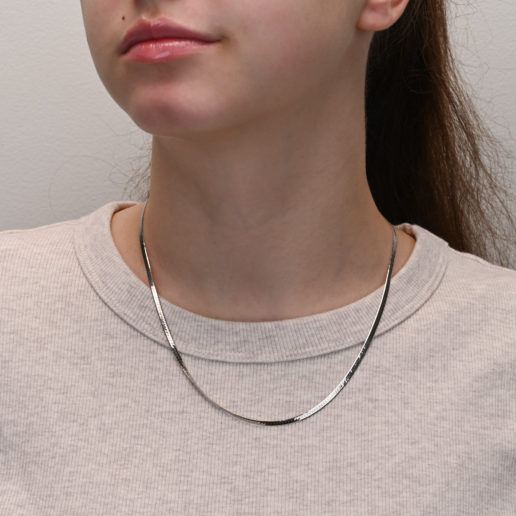 Alternate angle of Herringbone Rhodium Plated Silver Chain 2.7mm