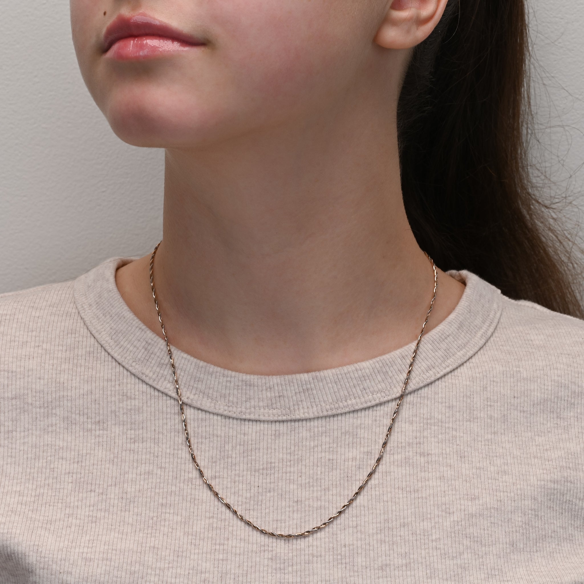 Side view of Twisted Rope Rose Gold & Rhodium Plated Chain