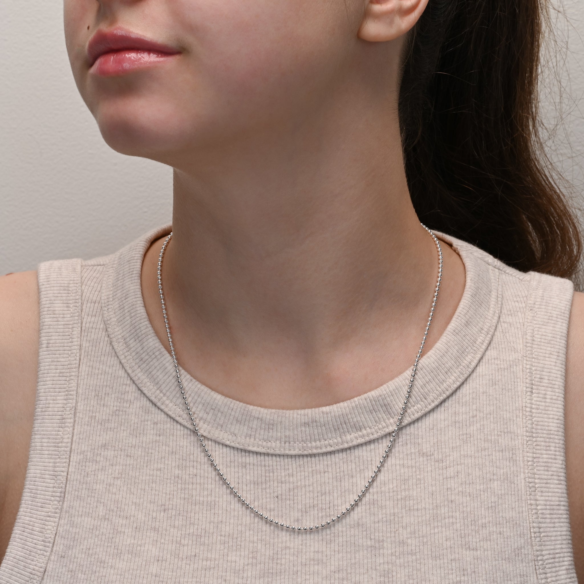 Close-up detail of Dog tag silver ball chain 2mm