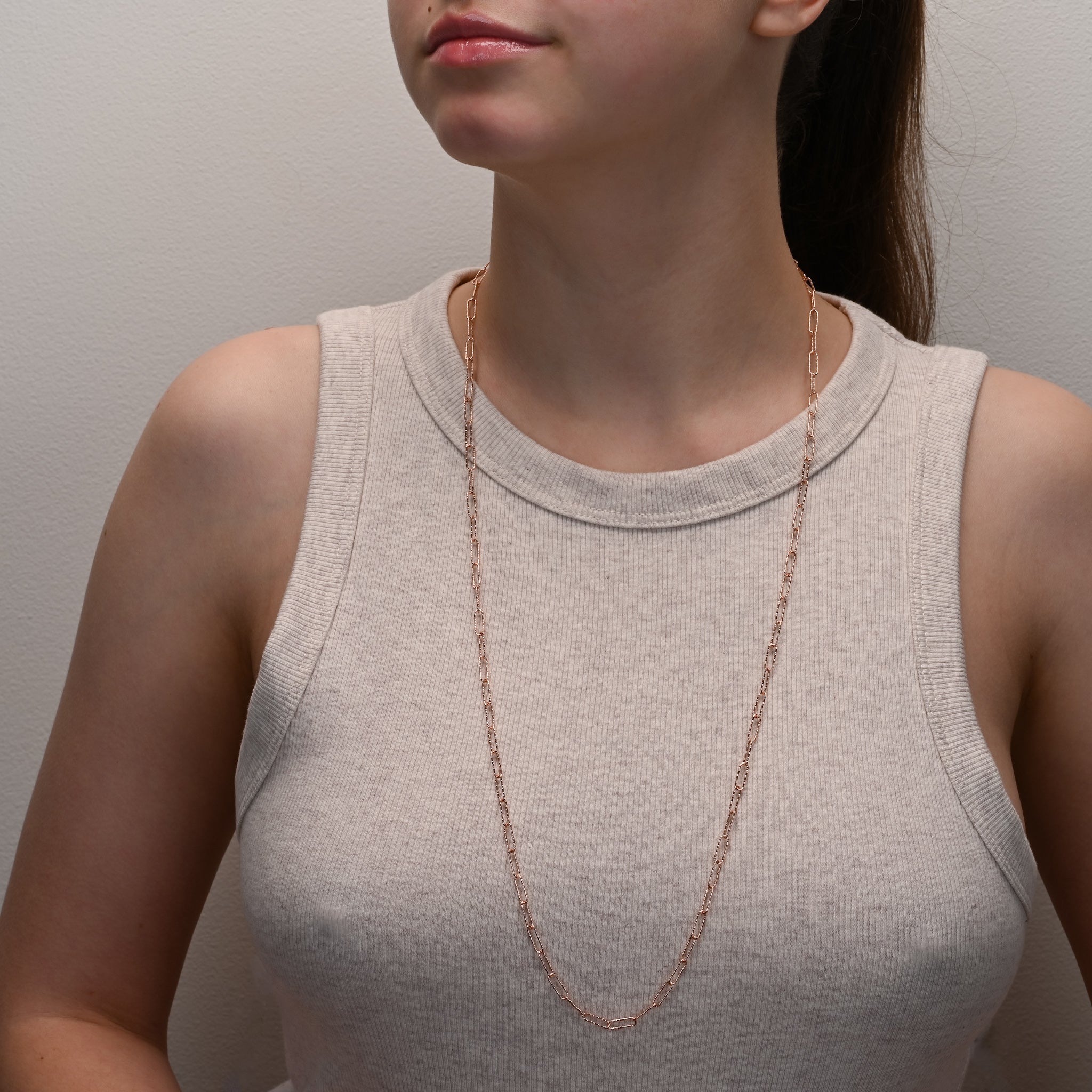 Detail view of Rose Gold Sparkly Paperclip Silver Chain