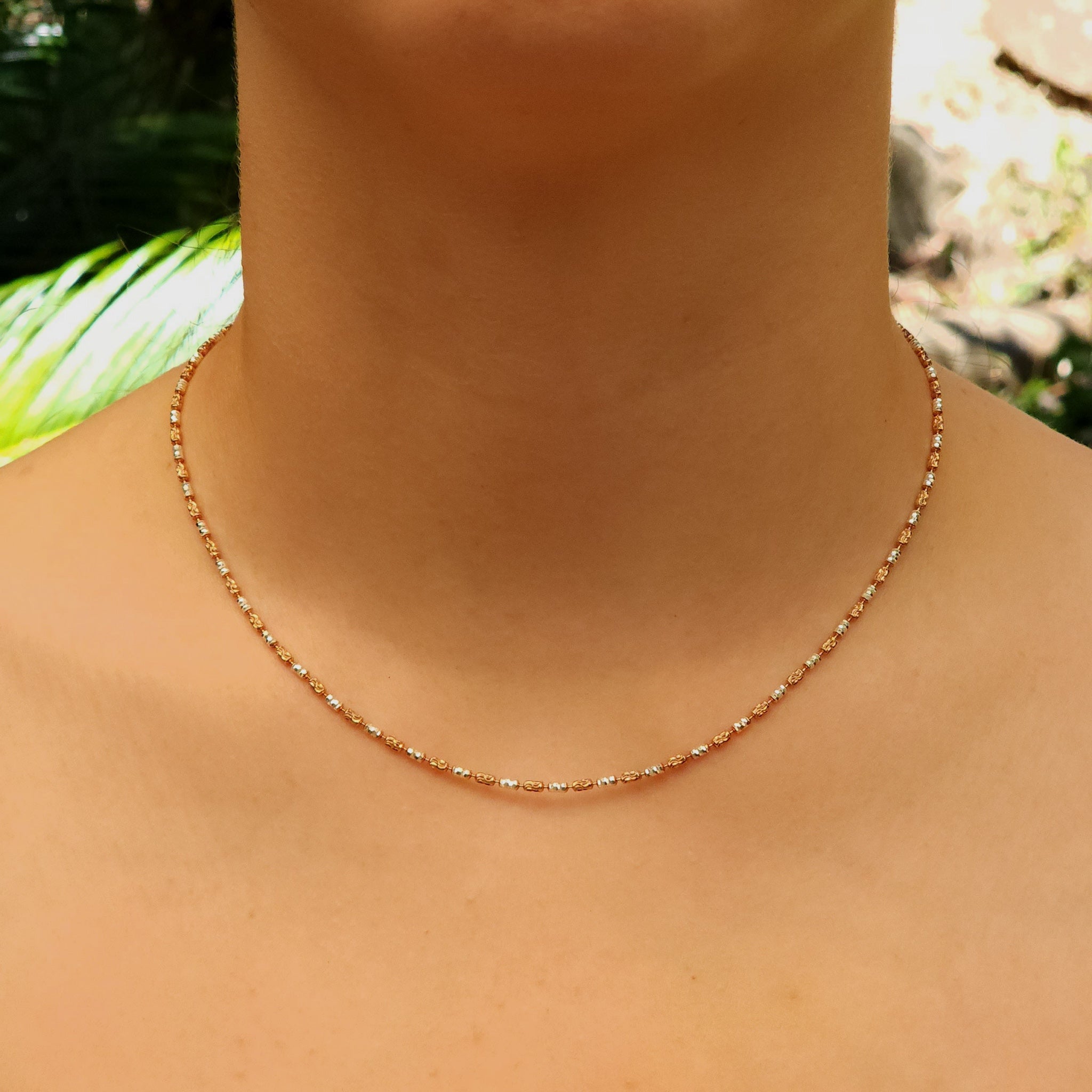 Side view of Long Beads Silver Chain Rose Gold & Rhodium