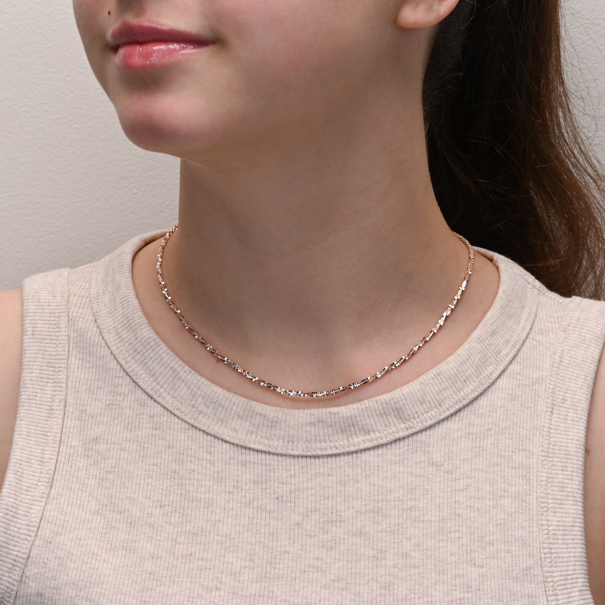 Side view of Margarita Silver Chain Rose Gold & Rhodium Plated