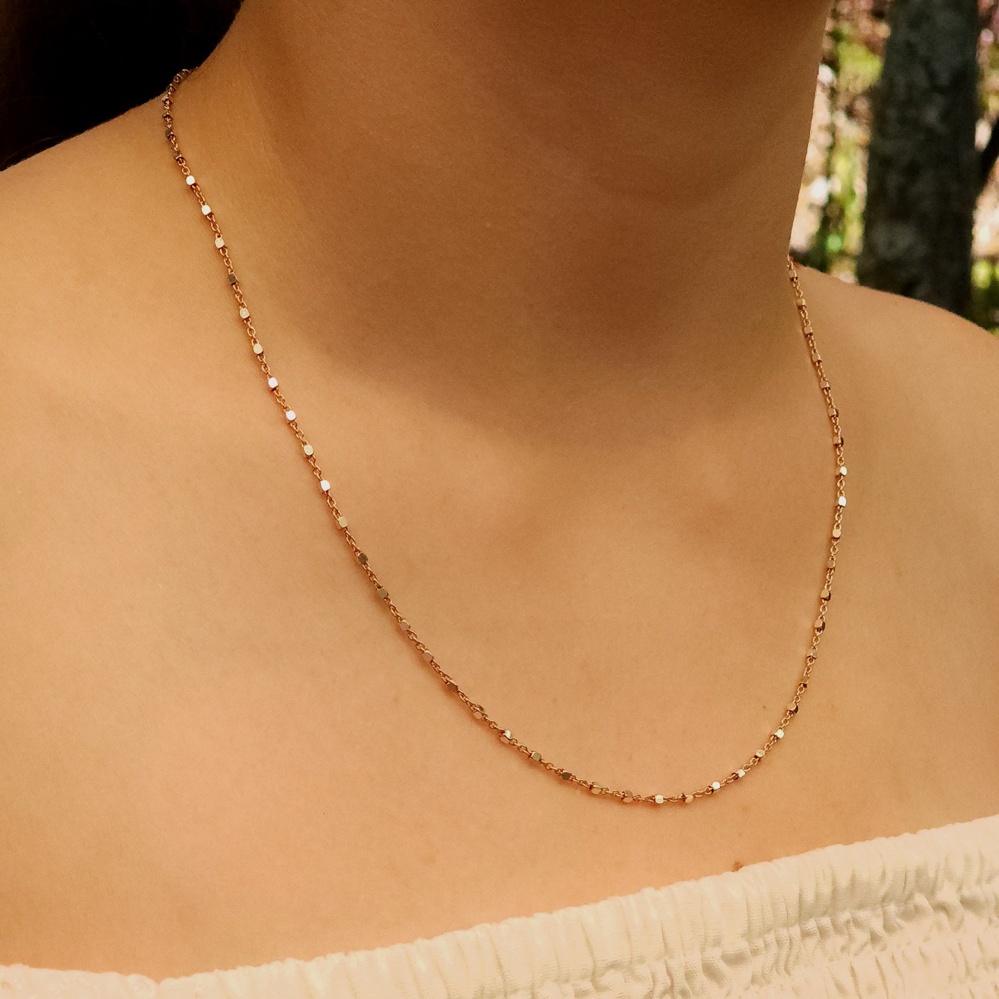 Close-up detail of Rose Gold Chain with Cube Beads