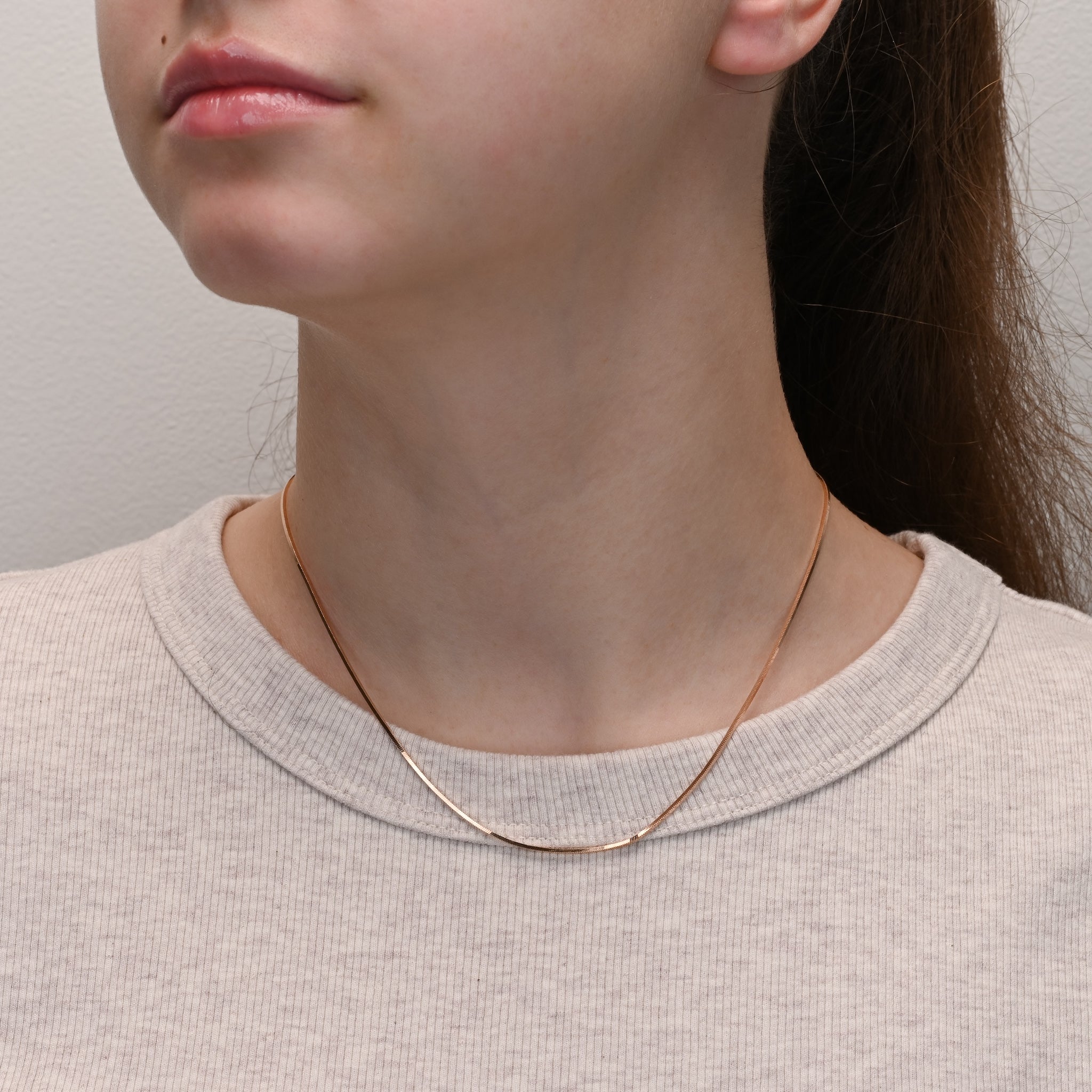 Studio shot of Rose Gold Plated Silver Snake Chain 1mm