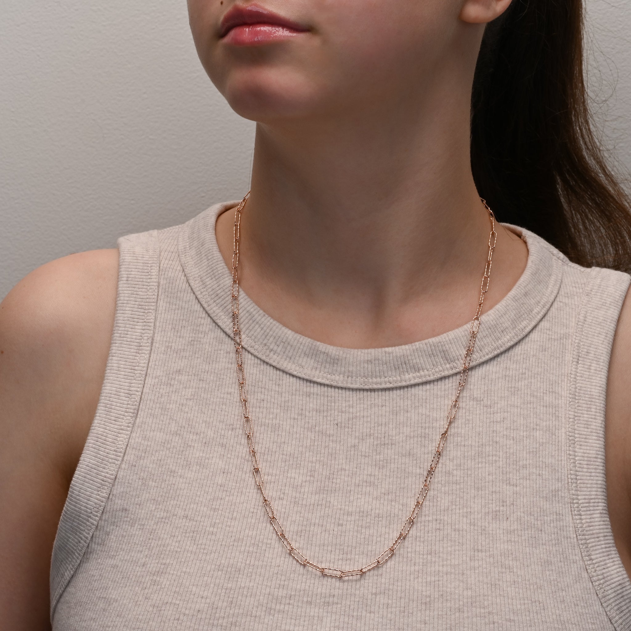 Studio shot of Rose Gold Sparkly Paperclip Silver Chain