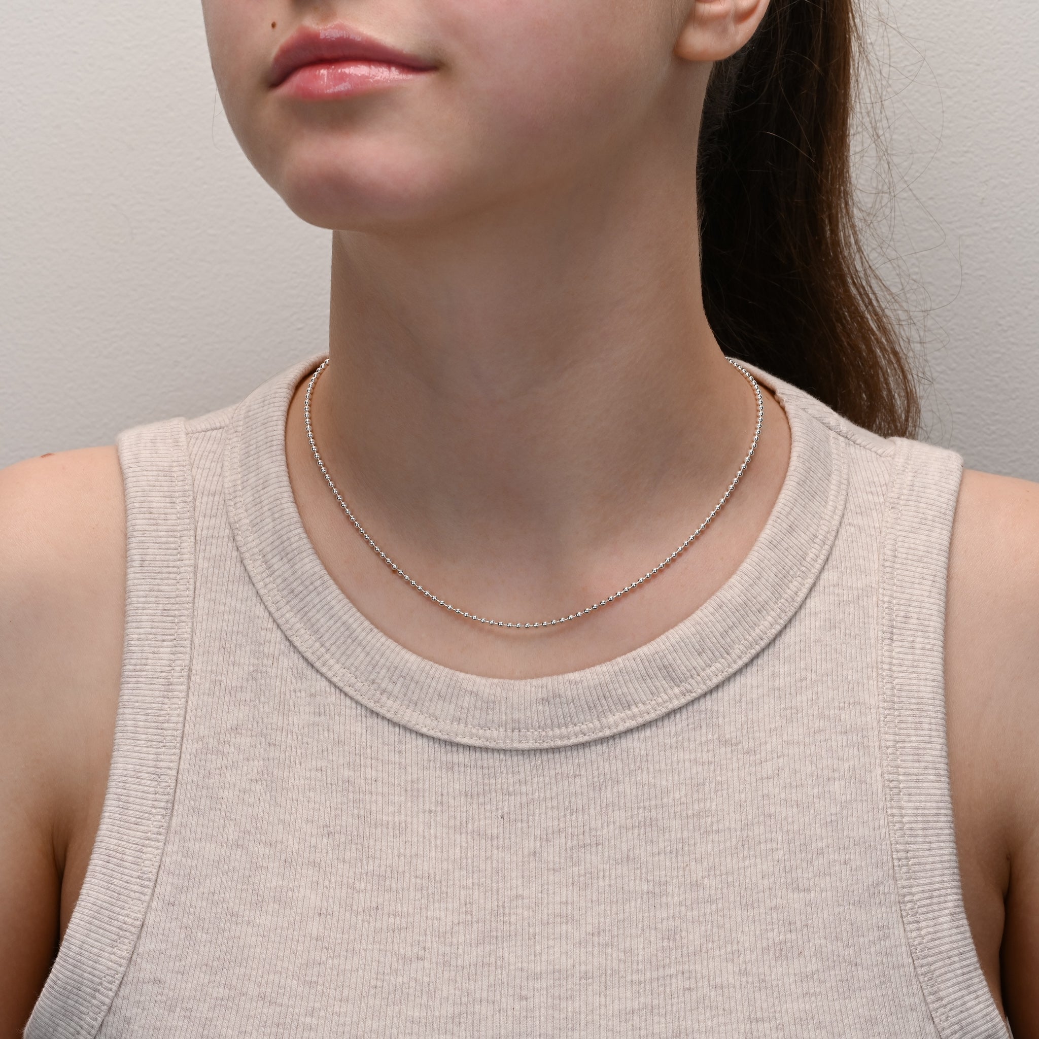 Alternate angle of Dog tag silver ball chain 2mm