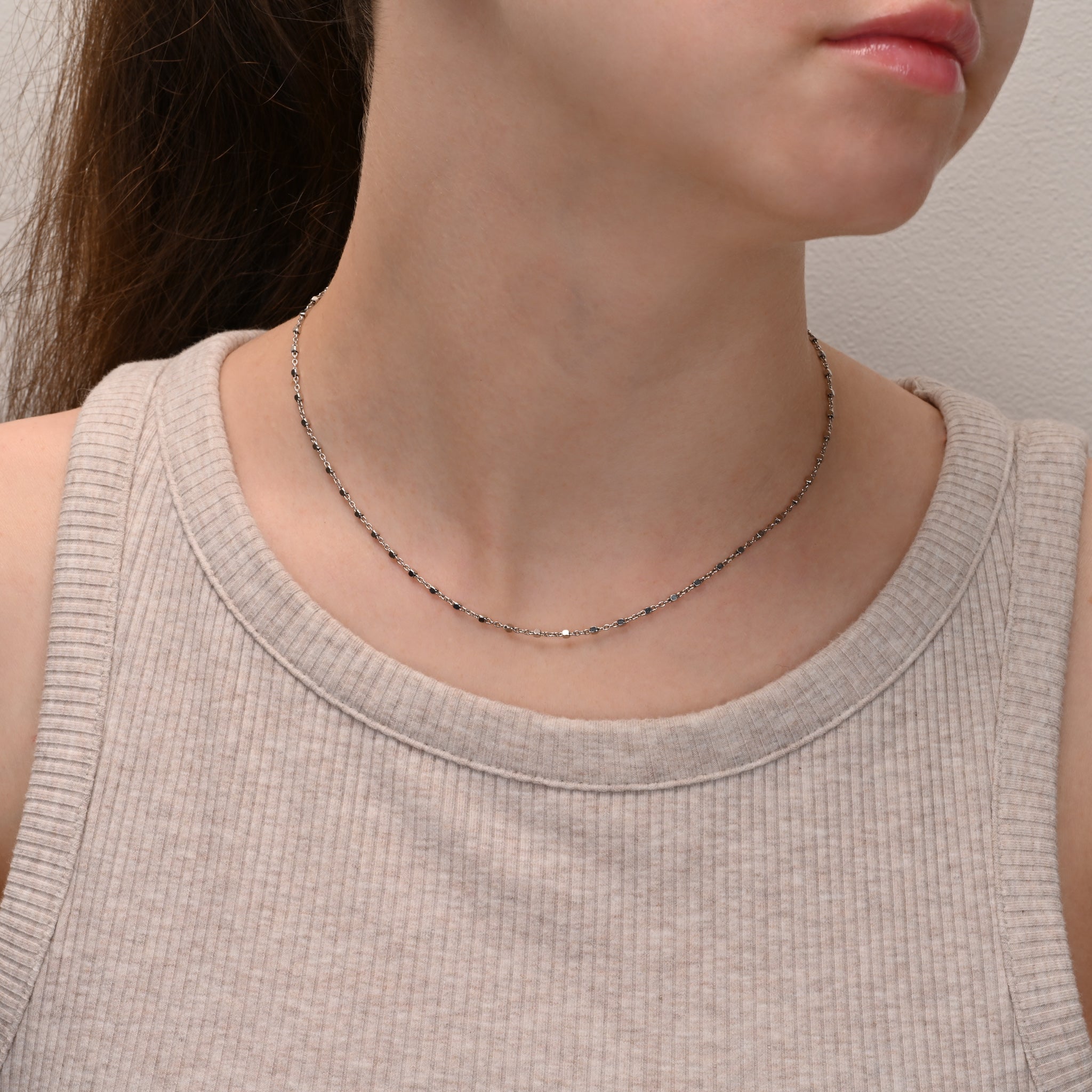 Side view of Rhodium Plated Cube Beads Silver Chain 1.3mm