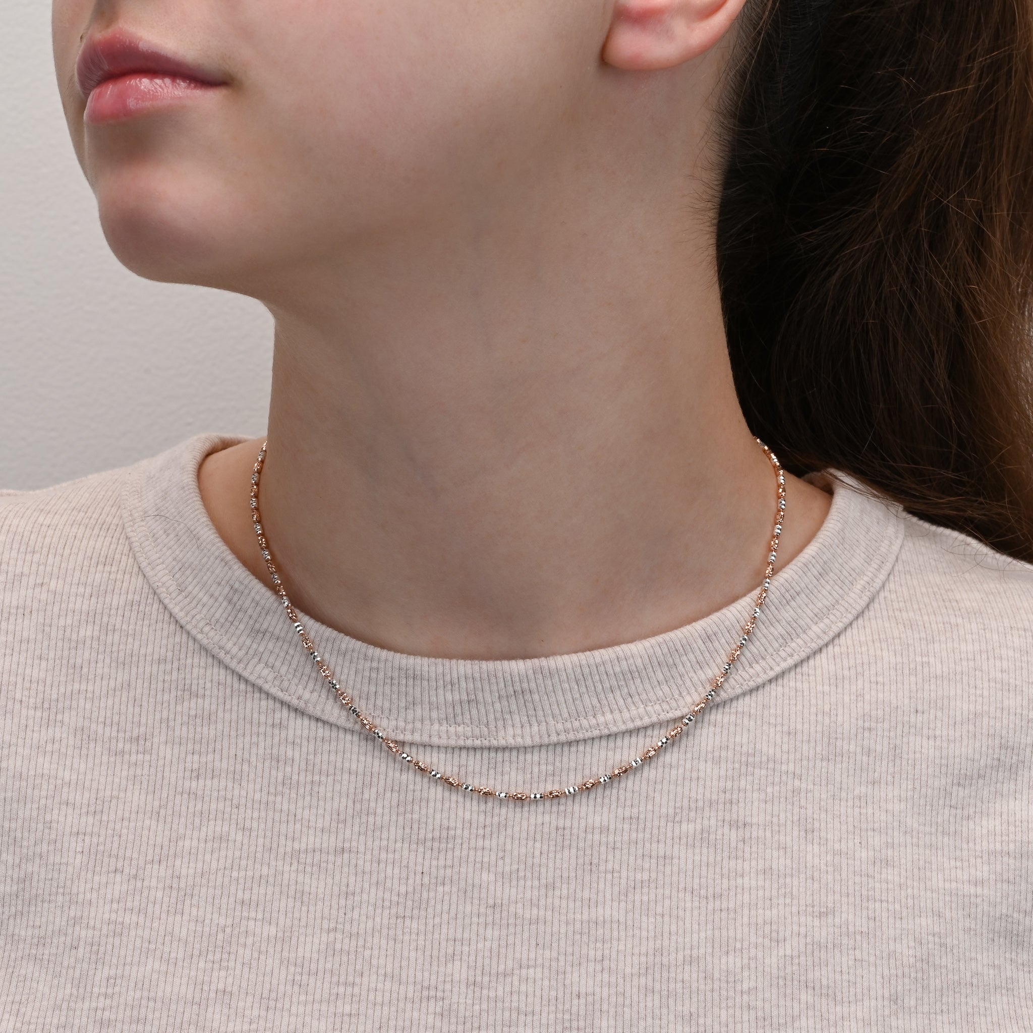 Alternate angle of Long Beads Silver Chain Rose Gold & Rhodium
