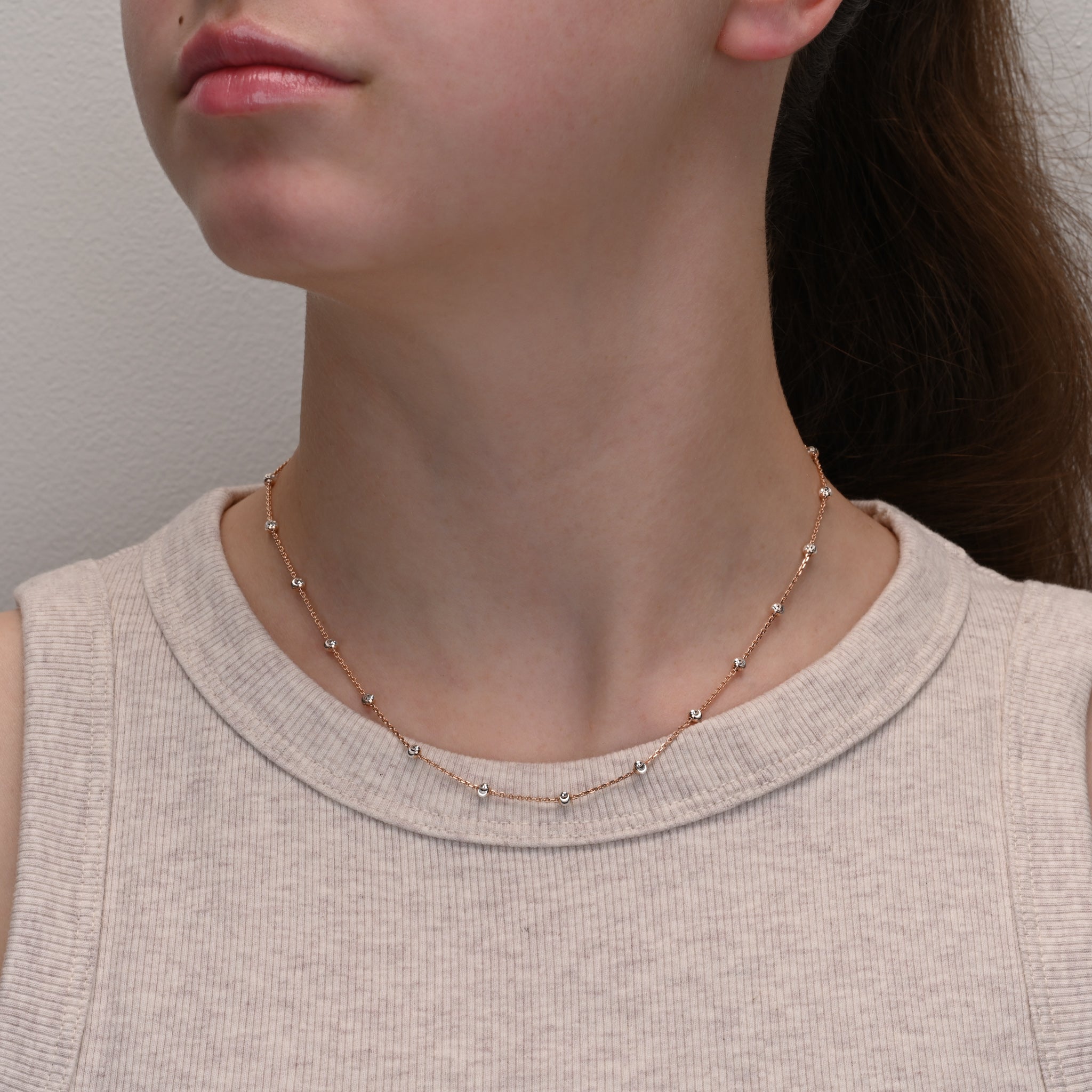 Alternate angle of Rose Gold & Rhodium Plated Silver Chain with Beads