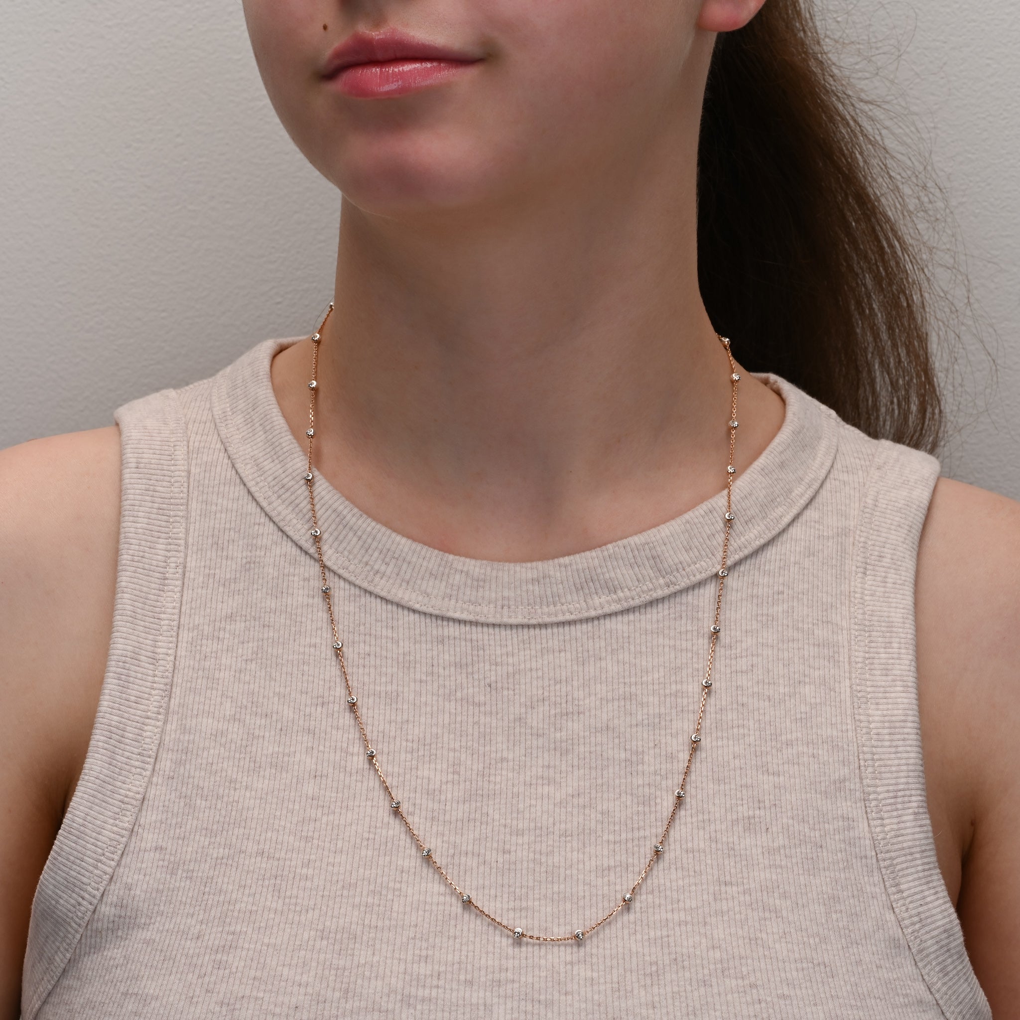 Side view of Rose Gold & Rhodium Plated Silver Chain with Beads