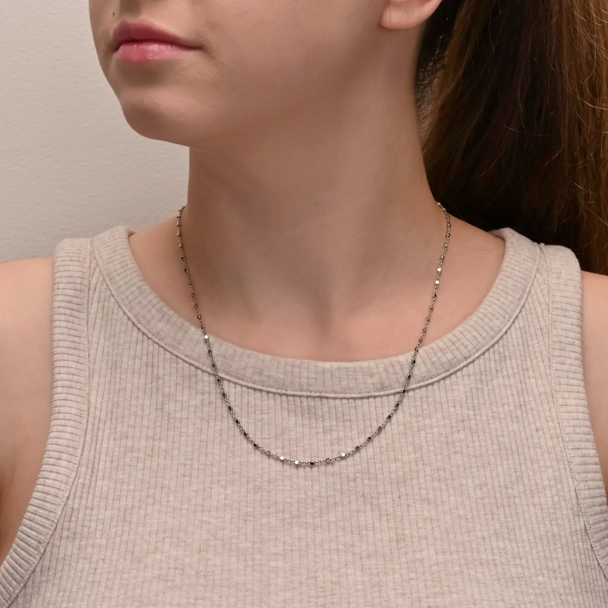 Alternate angle of Rhodium Plated Cube Beads Silver Chain 1.3mm